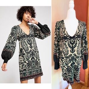 Free People Women's Musics & Lyrics Printed Puff Sleeves Knit Mini Dress Size S